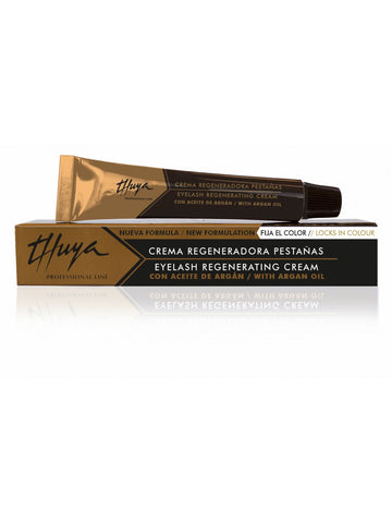 Thuya eye lash regenerating cream for strengthening and nourishing lashes 
applying, healthier fuller lashes, hydration and growth Brows lashes microblading brow lamination, argon oil. "A sleek tube of Thuya Eyelash Regenerating serum with argan oil, designed to nourish and strengthen lashes, set on a clean, neutral background."
