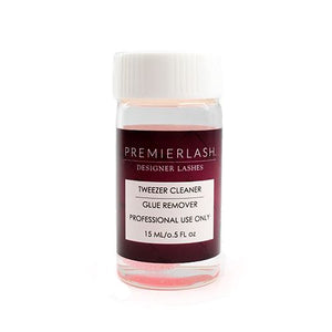 "PremierLash Tweezers Cleaner Glue Remover in a compact, practical container, ideal for removing adhesive residue from lash tools, on a red background."
