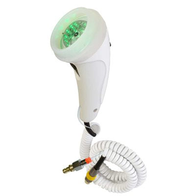 A light-based oxygen therapy handle featuring a smooth, ergonomic shape. It includes 21 light-emitting LED diodes in three colors: red (625nm), blue (470nm), and green (528nm). The device is designed for skin care treatments, offering stimulation, purification, and soothing effects, respectively, through its color settings. The handle connects to the Vital-O2 oxygen device for enhanced skin care.