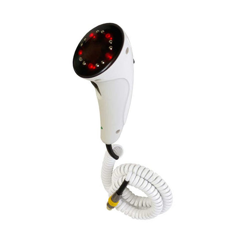 White handheld device with a red and black end, featuring 5 red light diodes and 10 microcurrent electrodes for anti-aging treatment. Ergonomic design aids in wrinkle reduction and improving skin tone with vibromassage.